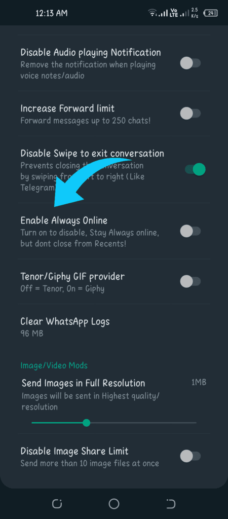 Activa la Función Siempre Conectado de WhatsApp Plus.