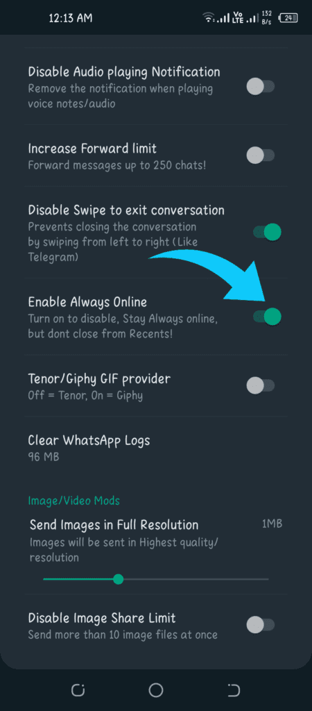 Activa la Función Siempre Conectado de WhatsApp Plus.